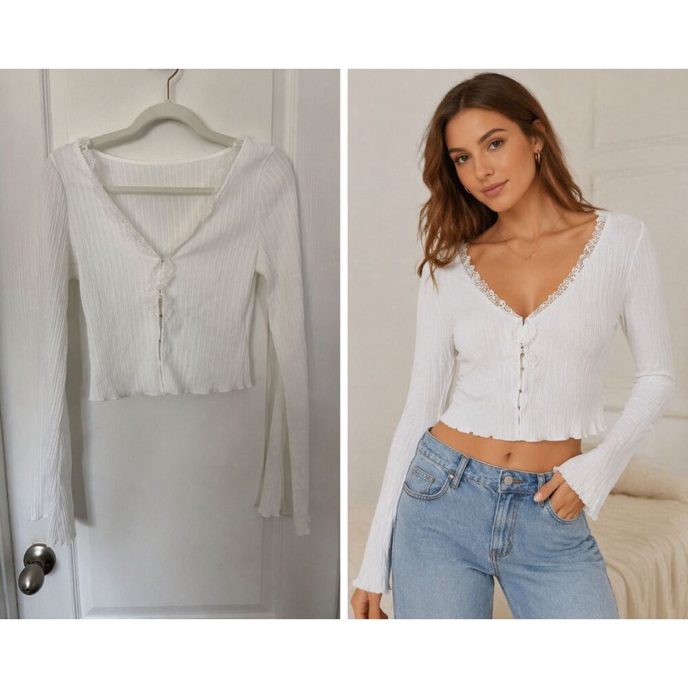 Commense White Ribbed Lace Trim Hook Front Long Sleeve Crop Top Small Boho Fairy